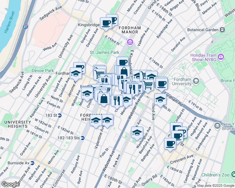 map of restaurants, bars, coffee shops, grocery stores, and more near 260 East 188th Street in Bronx