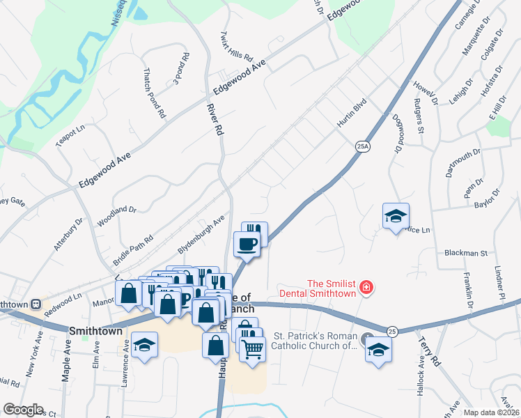 map of restaurants, bars, coffee shops, grocery stores, and more near 11 Kent Place in Smithtown