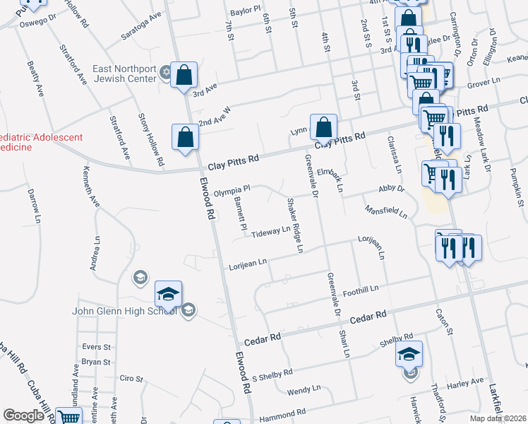 map of restaurants, bars, coffee shops, grocery stores, and more near 6 Tideway Lane in East Northport
