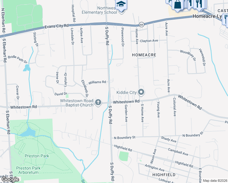 map of restaurants, bars, coffee shops, grocery stores, and more near 390 Whitestown Road in Butler