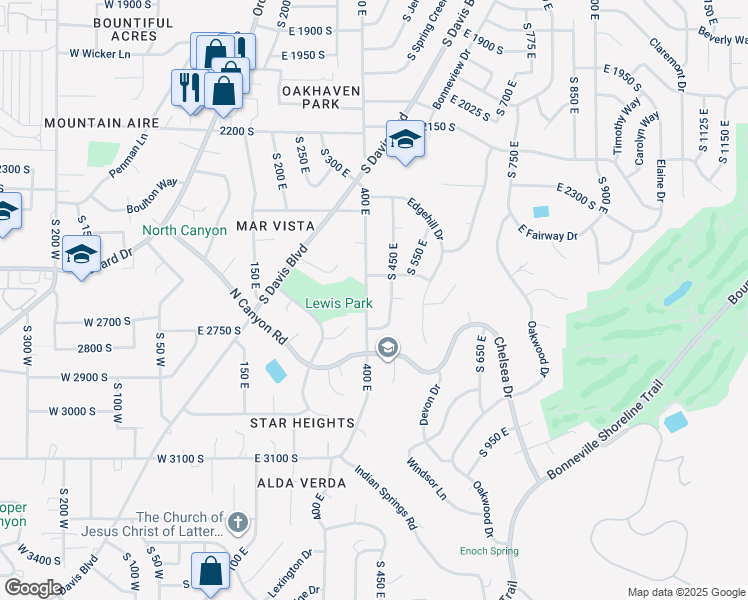 map of restaurants, bars, coffee shops, grocery stores, and more near 2718 South 450 East in Bountiful