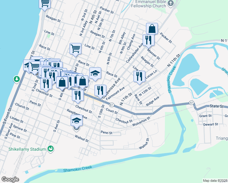 map of restaurants, bars, coffee shops, grocery stores, and more near 115 Fairmount Avenue in Sunbury