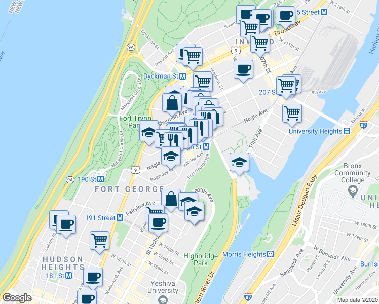 map of restaurants, bars, coffee shops, grocery stores, and more near 125 Nagle Avenue in New York