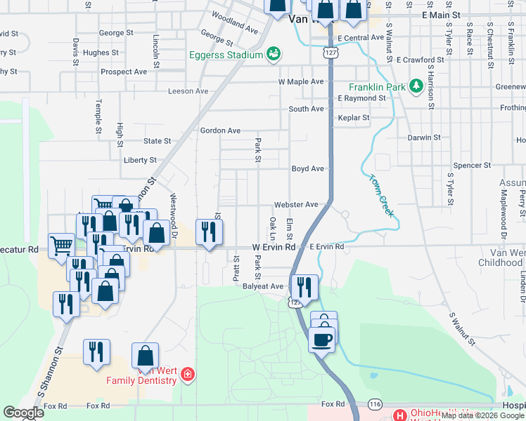 map of restaurants, bars, coffee shops, grocery stores, and more near 1001-1059 Oak Lane in Van Wert