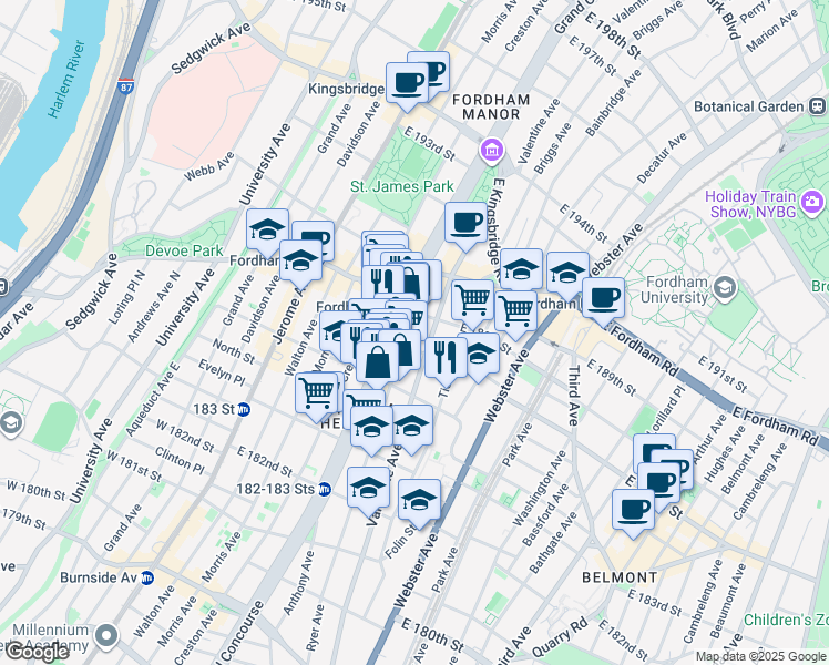 map of restaurants, bars, coffee shops, grocery stores, and more near 2432 Grand Concourse in Bronx