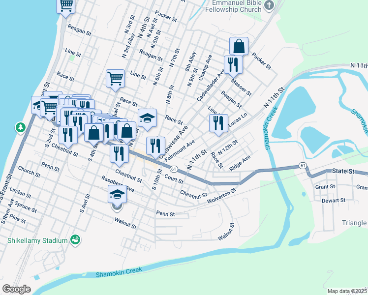 map of restaurants, bars, coffee shops, grocery stores, and more near 115 Fairmount Avenue in Sunbury