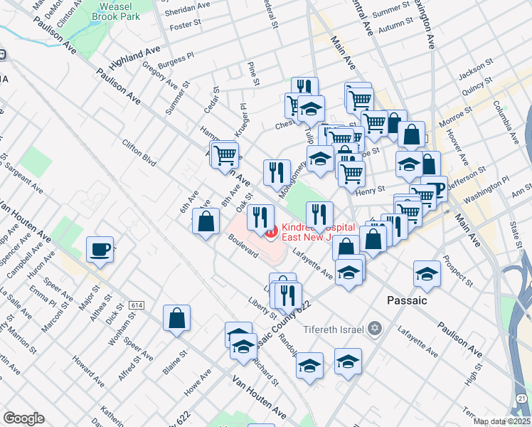 map of restaurants, bars, coffee shops, grocery stores, and more near 430 Lafayette Avenue in Passaic