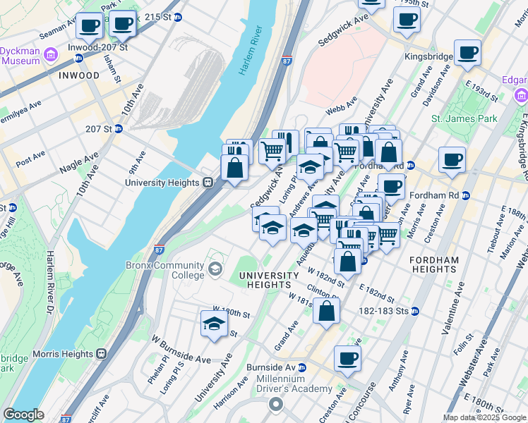 map of restaurants, bars, coffee shops, grocery stores, and more near 123 West 183rd Street in Bronx