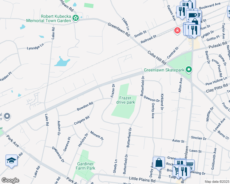 map of restaurants, bars, coffee shops, grocery stores, and more near 40 Frazer Drive in Greenlawn