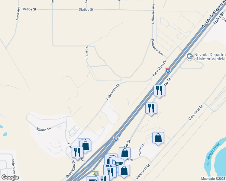 map of restaurants, bars, coffee shops, grocery stores, and more near 3219 Ruby Vista Drive in Elko