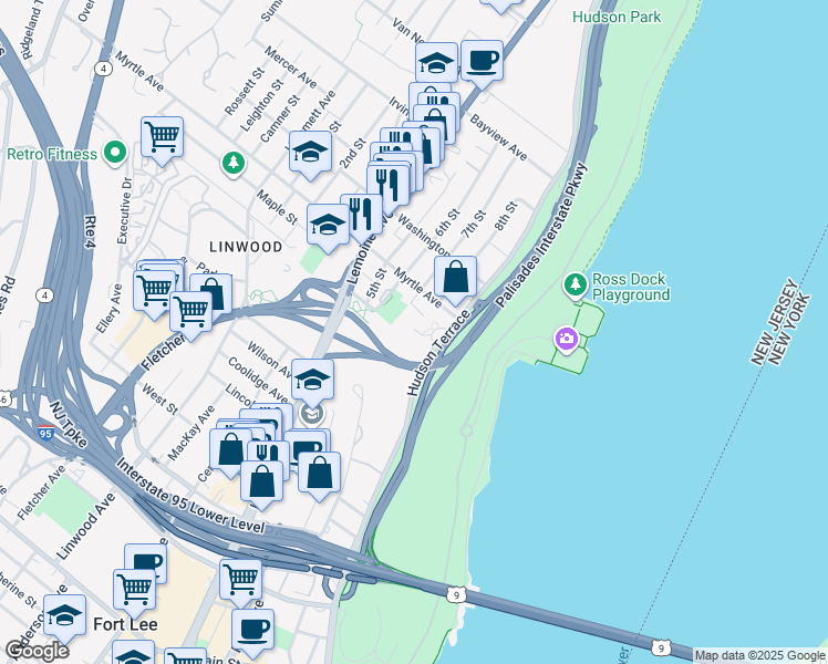 map of restaurants, bars, coffee shops, grocery stores, and more near 2329 Hudson Terrace in Fort Lee
