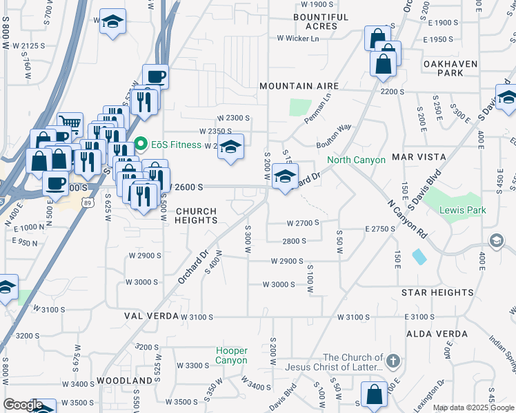 map of restaurants, bars, coffee shops, grocery stores, and more near 2646 Orchard Drive in Bountiful