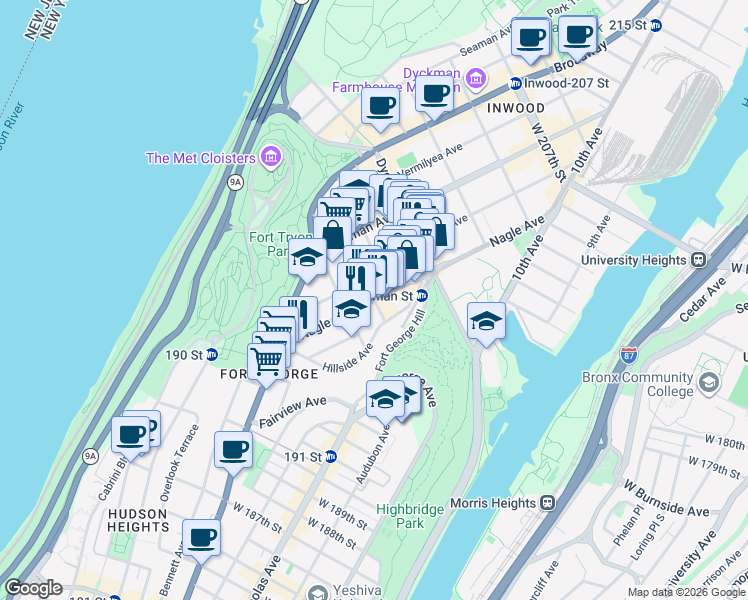 map of restaurants, bars, coffee shops, grocery stores, and more near Nagle Ave & Sickles St in New York