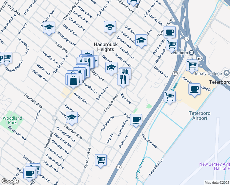 map of restaurants, bars, coffee shops, grocery stores, and more near 409 Jefferson Avenue in Hasbrouck Heights