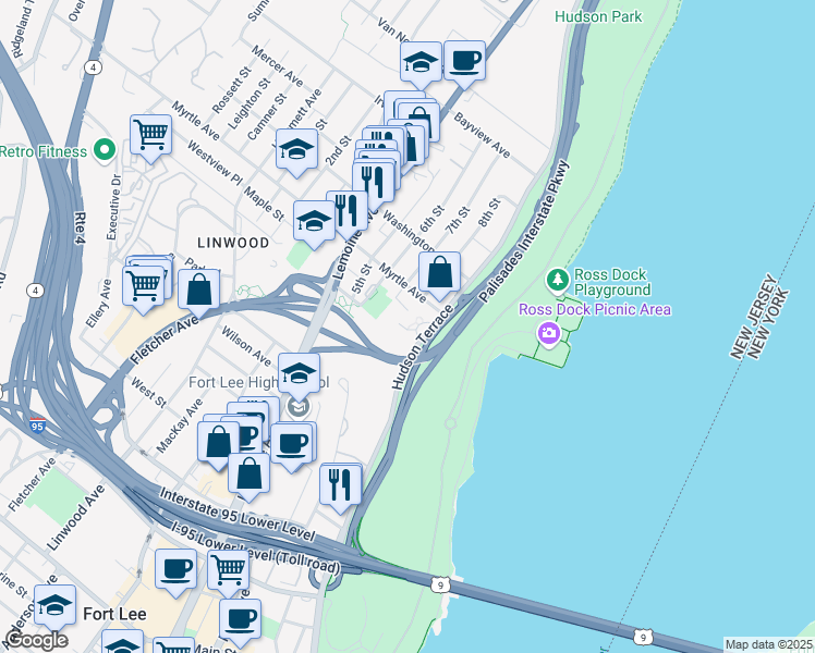 map of restaurants, bars, coffee shops, grocery stores, and more near 2329 Hudson Terrace in Fort Lee