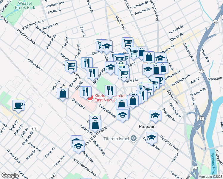 map of restaurants, bars, coffee shops, grocery stores, and more near 377 Madison Street in Passaic