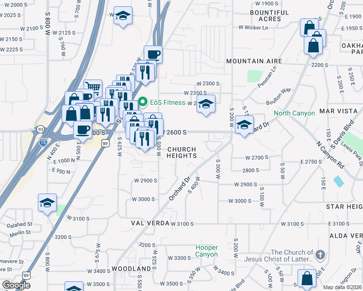 map of restaurants, bars, coffee shops, grocery stores, and more near 374 West 2725 South in Bountiful