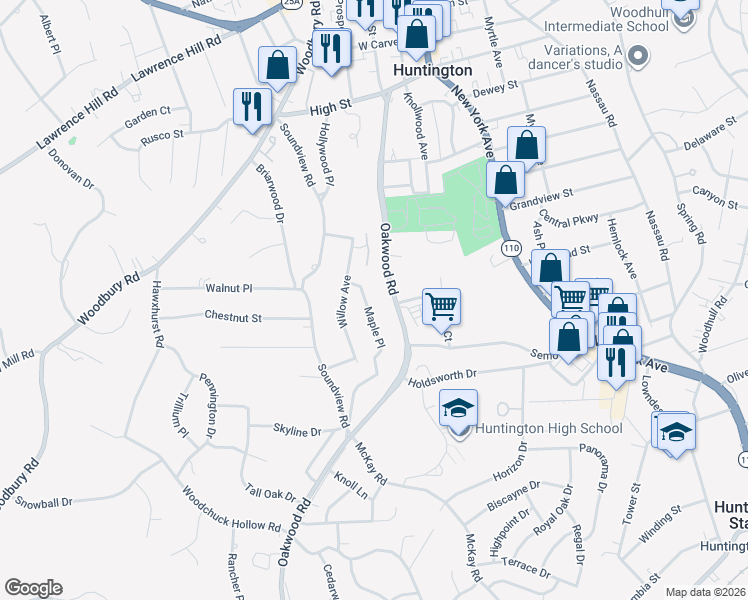 map of restaurants, bars, coffee shops, grocery stores, and more near 34 Maple Place in Huntington