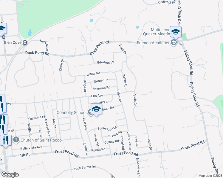 map of restaurants, bars, coffee shops, grocery stores, and more near 26 Jerry Lane in Glen Cove