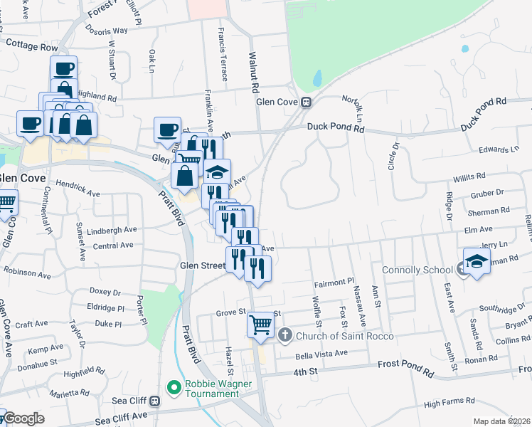 map of restaurants, bars, coffee shops, grocery stores, and more near 4 Johnell Place in Glen Cove