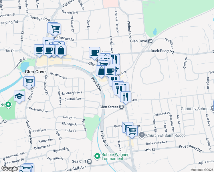 map of restaurants, bars, coffee shops, grocery stores, and more near 202 Hendrick Avenue East in Glen Cove