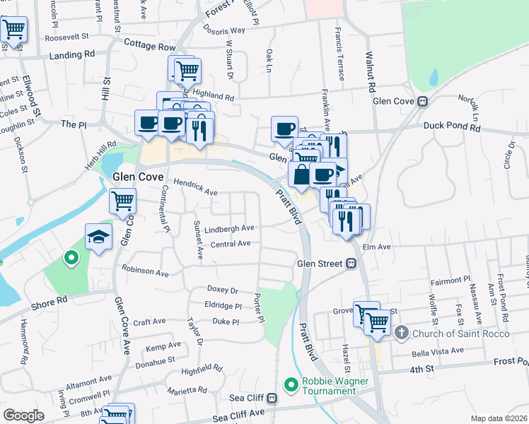 map of restaurants, bars, coffee shops, grocery stores, and more near 69 Hendrick Avenue in Glen Cove