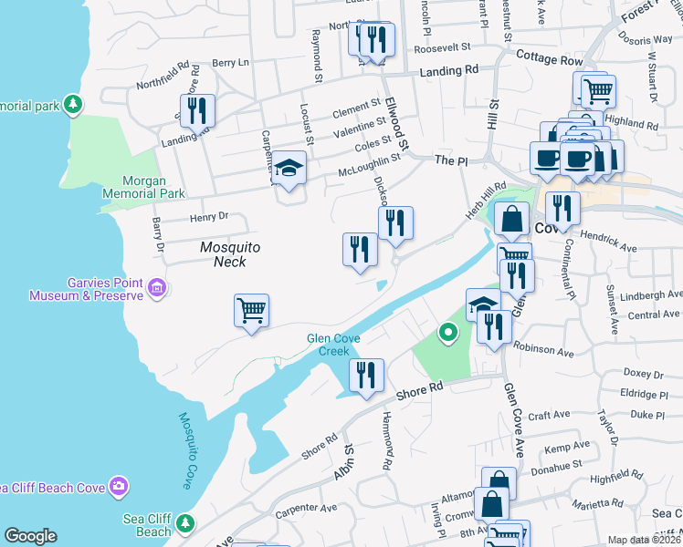 map of restaurants, bars, coffee shops, grocery stores, and more near 1 Garvies Point Road in Glen Cove