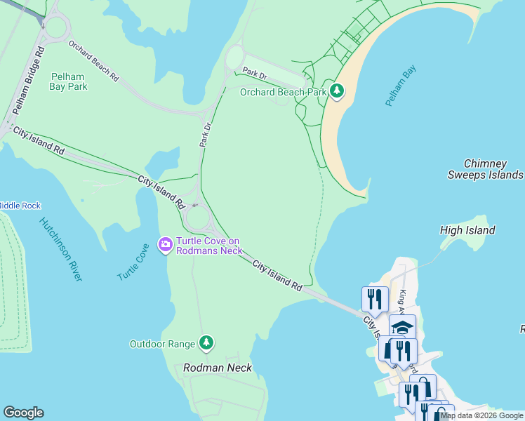 map of restaurants, bars, coffee shops, grocery stores, and more near City Island Road in Bronx