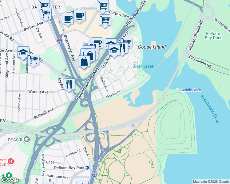 map of restaurants, bars, coffee shops, grocery stores, and more near 80 Erskine Place in Bronx