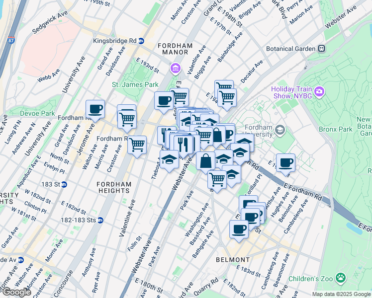 map of restaurants, bars, coffee shops, grocery stores, and more near 2492 Webster Avenue in The Bronx