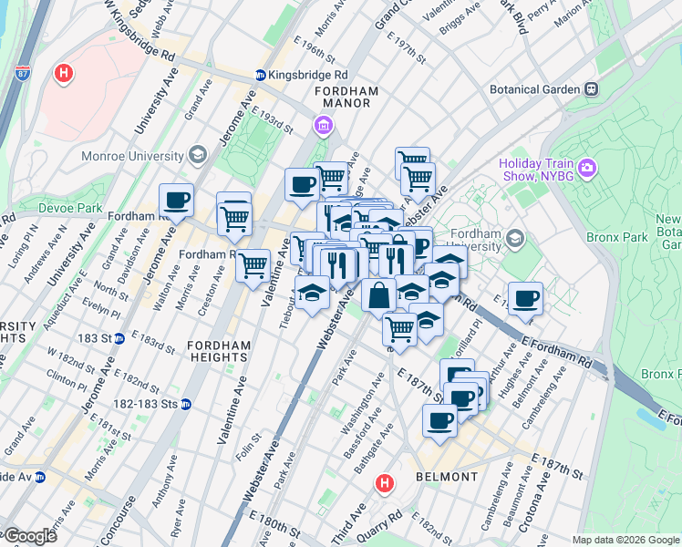 map of restaurants, bars, coffee shops, grocery stores, and more near 2492 Webster Avenue in The Bronx