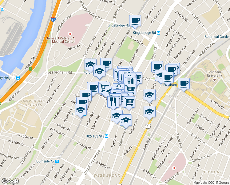 map of restaurants, bars, coffee shops, grocery stores, and more near in The Bronx
