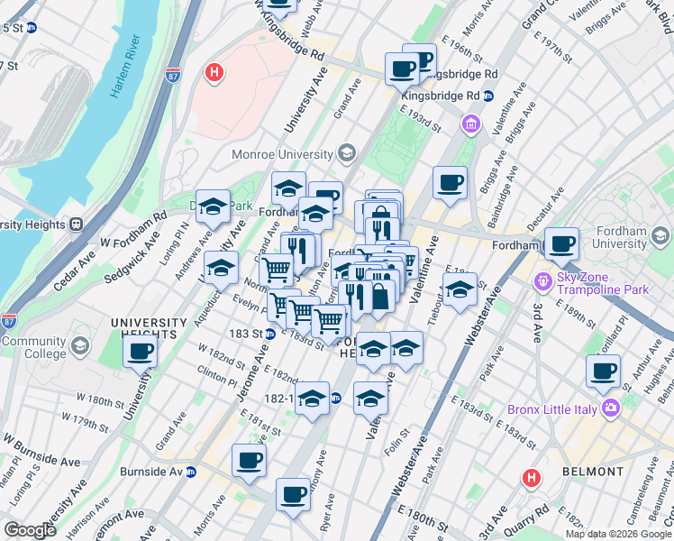 map of restaurants, bars, coffee shops, grocery stores, and more near in The Bronx