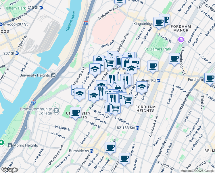 map of restaurants, bars, coffee shops, grocery stores, and more near 2304 Grand Avenue in Bronx