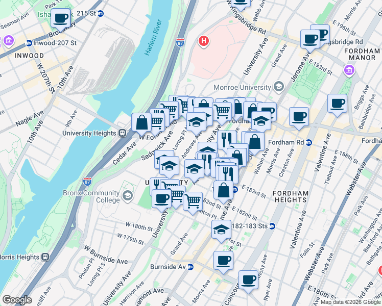map of restaurants, bars, coffee shops, grocery stores, and more near in The Bronx