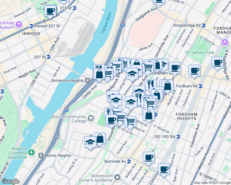 map of restaurants, bars, coffee shops, grocery stores, and more near 114 West 183rd Street in The Bronx