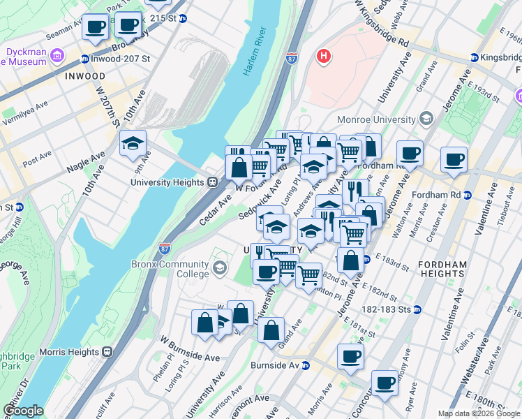 map of restaurants, bars, coffee shops, grocery stores, and more near 130 West 183rd Street in The Bronx