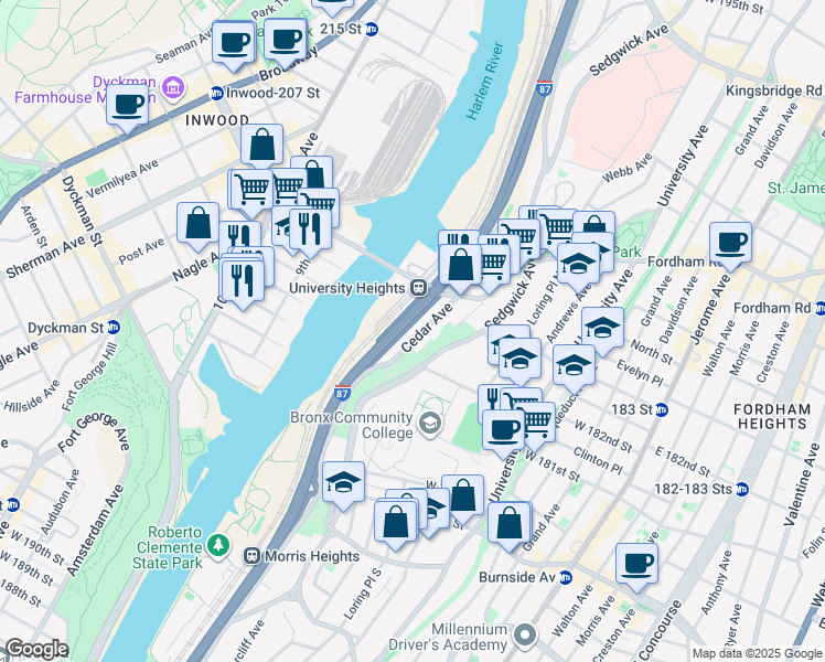 map of restaurants, bars, coffee shops, grocery stores, and more near 2170 Cedar Avenue in Bronx
