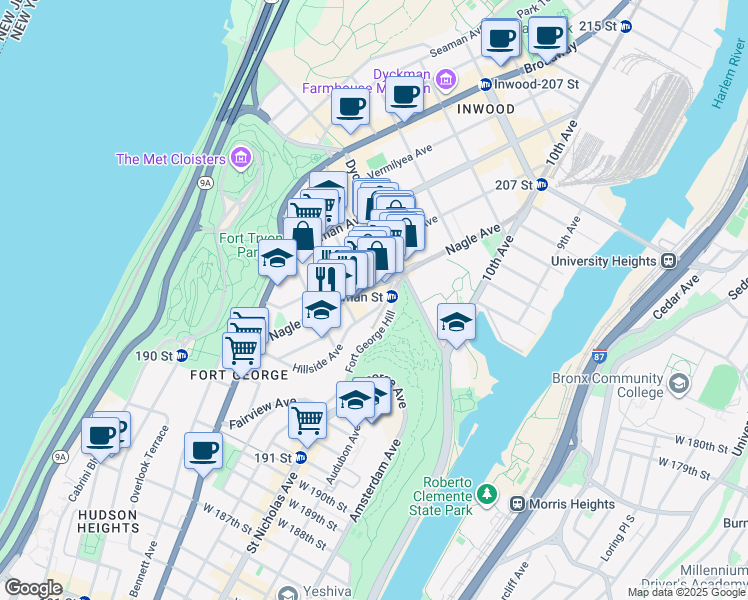 map of restaurants, bars, coffee shops, grocery stores, and more near 129 Hillside Avenue in New York