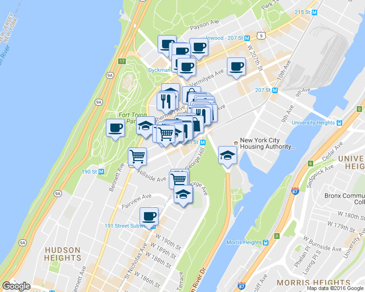 map of restaurants, bars, coffee shops, grocery stores, and more near 100 Hillside Avenue in New York