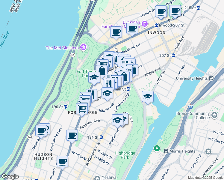 map of restaurants, bars, coffee shops, grocery stores, and more near 100 Hillside Avenue in New York