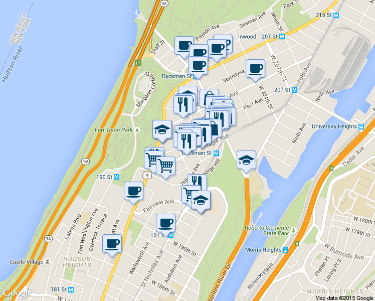 map of restaurants, bars, coffee shops, grocery stores, and more near 100 Hillside Avenue in New York