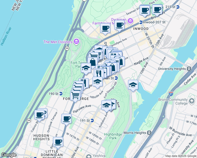 map of restaurants, bars, coffee shops, grocery stores, and more near 100 Hillside Avenue in New York