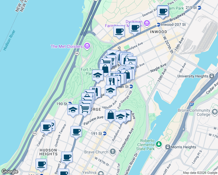 map of restaurants, bars, coffee shops, grocery stores, and more near 64 Nagle Avenue in New York