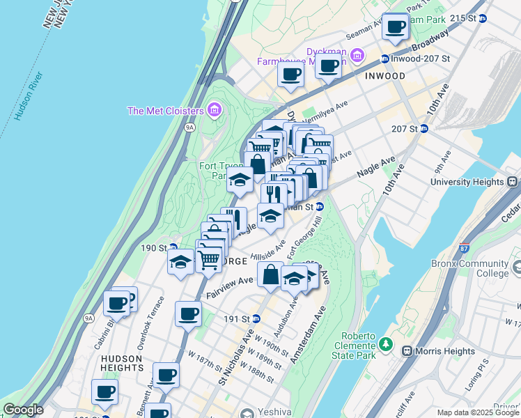 map of restaurants, bars, coffee shops, grocery stores, and more near 64 Nagle Avenue in New York