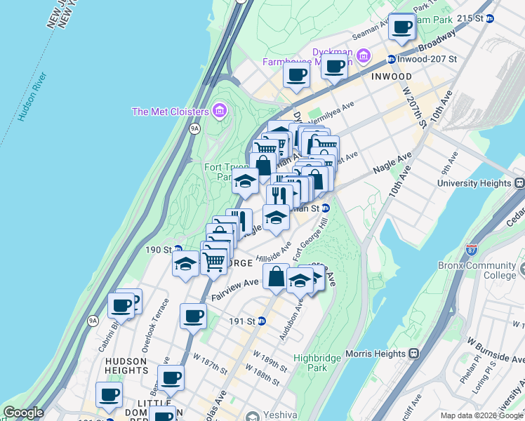 map of restaurants, bars, coffee shops, grocery stores, and more near 64 Nagle Avenue in New York