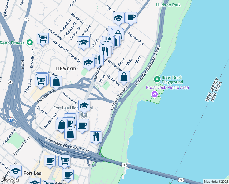 map of restaurants, bars, coffee shops, grocery stores, and more near 2329 Hudson Terrace in Fort Lee