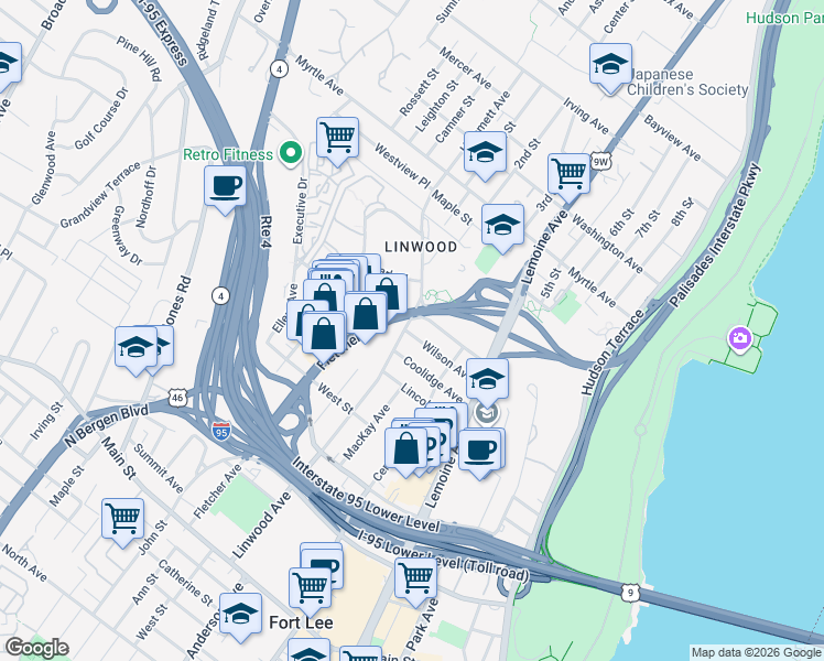 map of restaurants, bars, coffee shops, grocery stores, and more near 255 Coolidge Avenue in Fort Lee