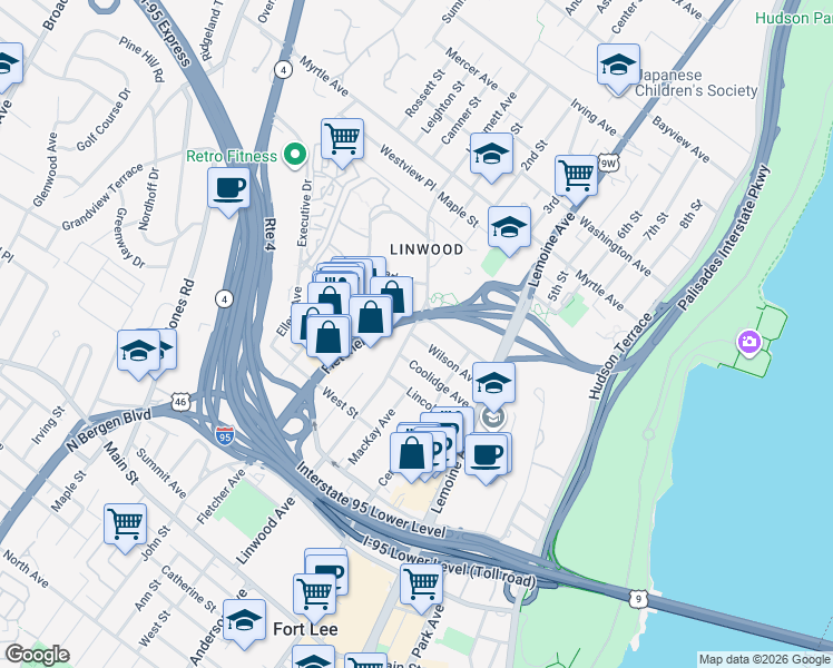 map of restaurants, bars, coffee shops, grocery stores, and more near 255 Coolidge Avenue in Fort Lee