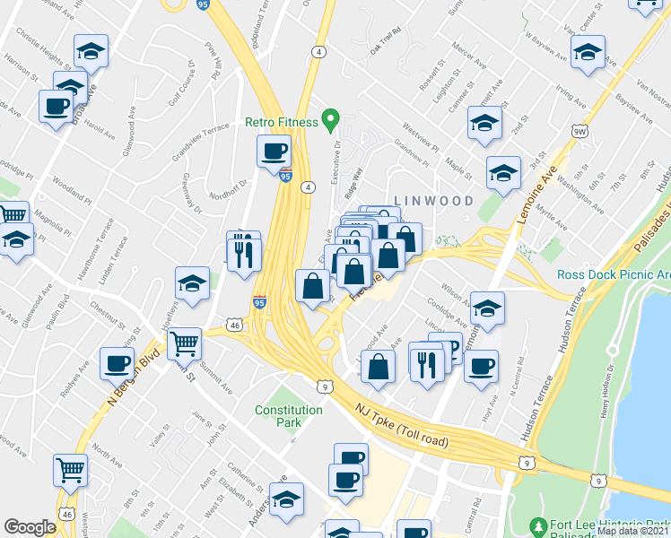 map of restaurants, bars, coffee shops, grocery stores, and more near 2168-2174 Edwin Avenue in Fort Lee
